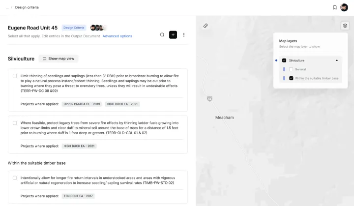 Wildfires design criteria displayed beside an interactive map and layer controls