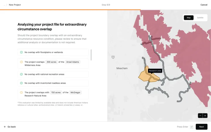 Wildfires project setup checking a proposed boundary against environmental constraints