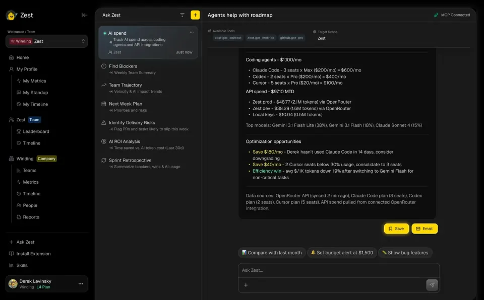 Ask Zest agent summarizing coding-tool spend and optimization opportunities