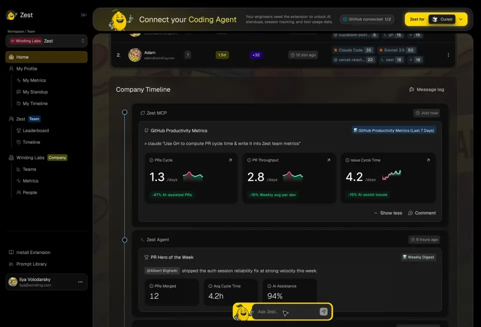 Zest company timeline showing GitHub productivity metrics and an AI-generated weekly summary