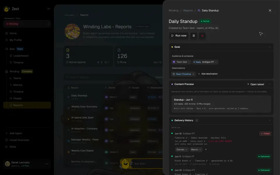 Zest daily standup report settings with a content preview and delivery history